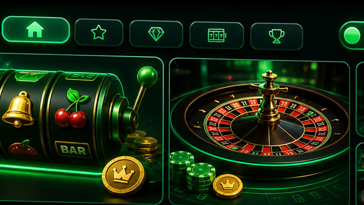 Dos estudios de emisión con mesas de ruleta y blackjack iluminadas
